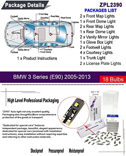 Ziyo ZPL2390-LED Внатрешни Светлосни Комплет Замена ЗА Bmw E90 3 Серија 2005-2013 + Лиценца Плоча Светилки Пакет, Ксенон Бела