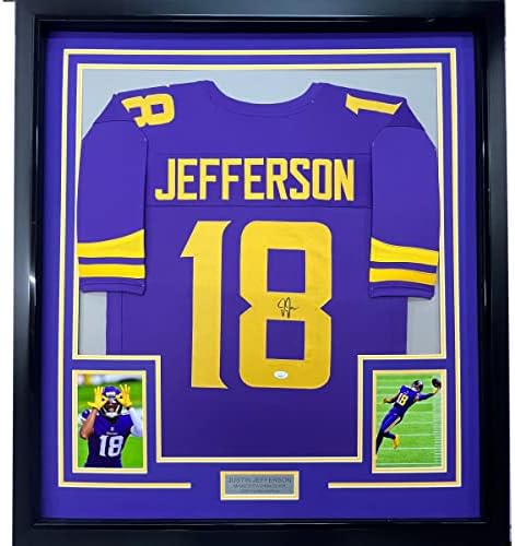 Врамен автограмиран/потпишан Justinастин effеферсон 33х42 Минесота во боја на фудбал Jerseyерси Jerseyерси ЈСА COA