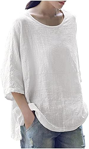 Womenените околу вратот цврсти три четвртина ракав памучни врвови блузи маица тенок памучен врв основни туники, врвови мода