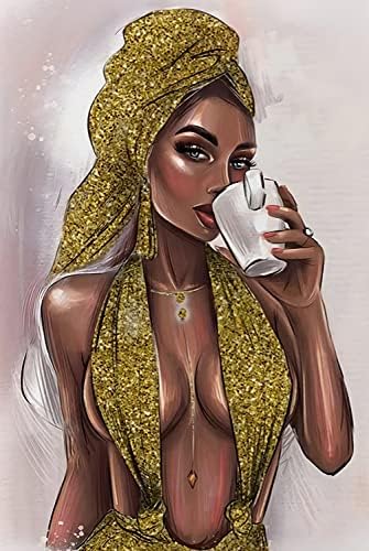 Афроамериканец црна жена пиење кафе злато сјајно платно wallидни уметности постер, модерна модна девојка wallидна печатење вистинска