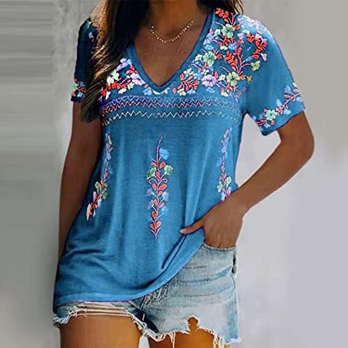 Мексиканска кошула за жени гроздобер етнички стил цветни везени врвови селански блуза лабава вклопена долга ракав против вратот
